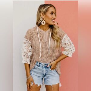 BiBi Tan and White Lace Sleeve Top